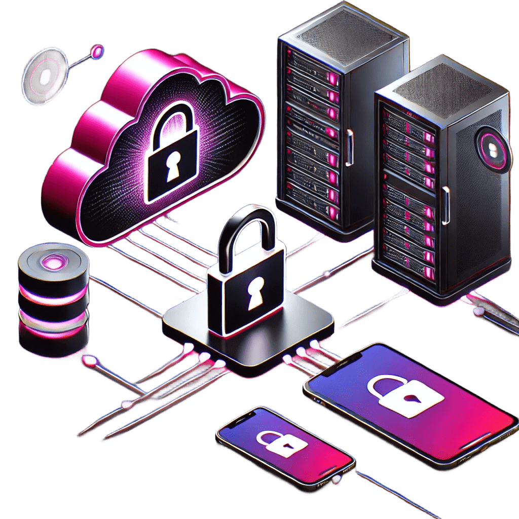 DALL·E 2025-01-13 12.22.17 - A visually striking illustration showcasing cloud security, on-premise servers, and user devices like smartphones and tablets, designed with a color p